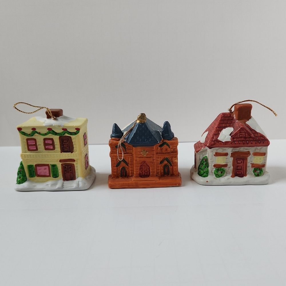 Vintage Set‎ of 3 Ceramic Charming Snow Christmas Village Bell Ornaments
